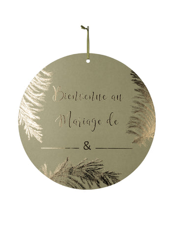 Pancarte en carton Bienvenue au mariage de pour mariage kaki et dorure or à personnaliser