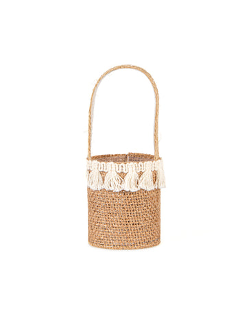Panier en toile de jute champêtre pour décoration avec pompons blancs