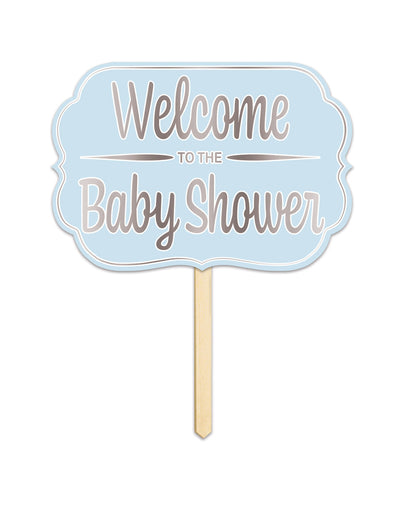 Panneau en carton Welcome to the baby shower bleu avec tige en bois