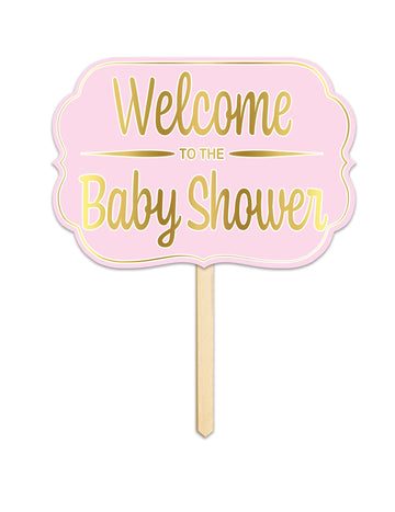 Babaváró bulira üdvözlő kartontábla, rózsaszín, 25 x 36 cm fa rúddal