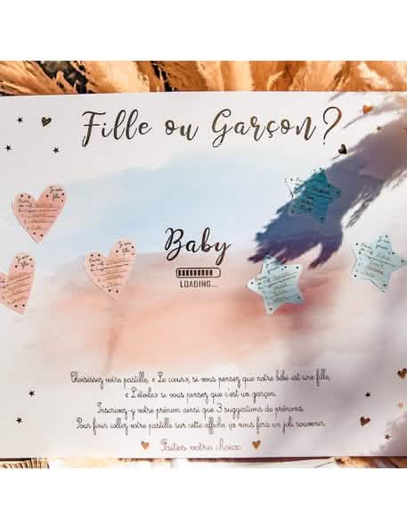 A matricák részletei a lány vagy fiú játék panelre ragasztva a gender reveal partyhoz