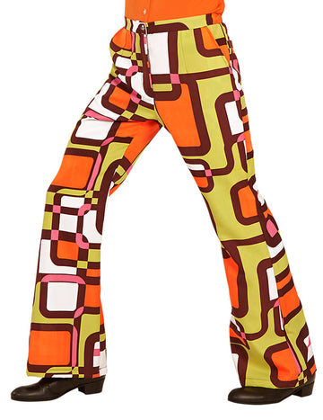 Pantalon groovy géométrique années 70 pour homme orange vert et marron