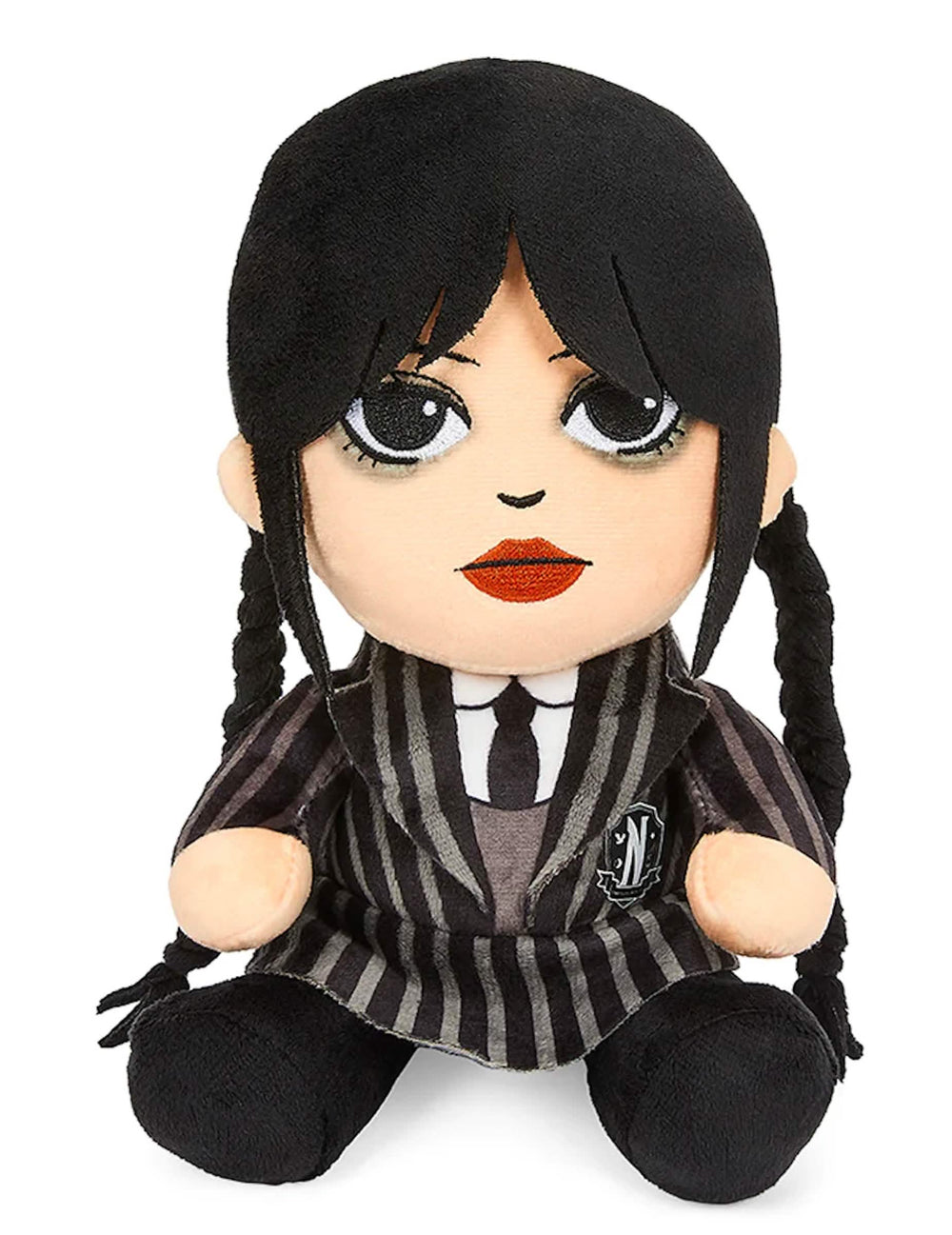 Peluche Mercredi Addams noire et grise avec uniforme rayé et tresses