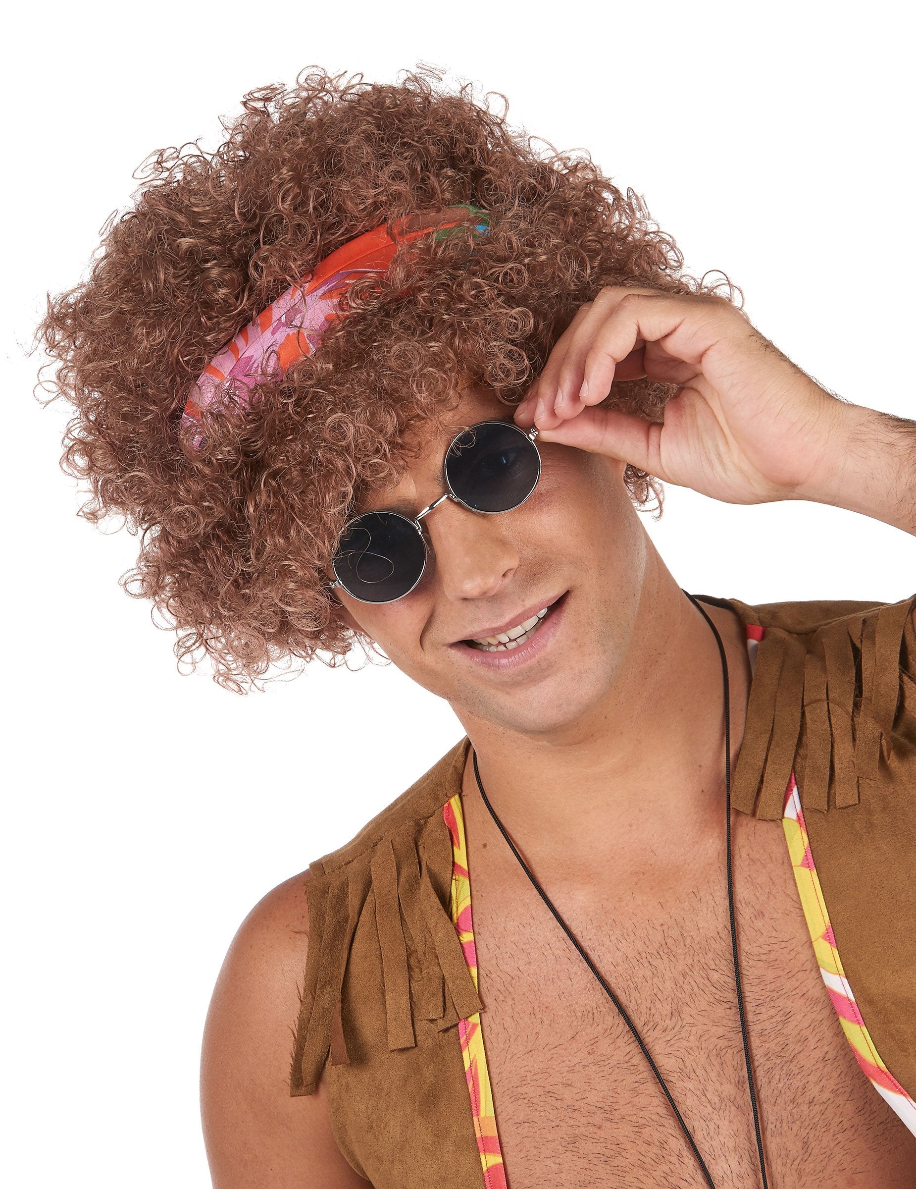 Perruque afro hippie pour homme marron avec bandeau à motifs