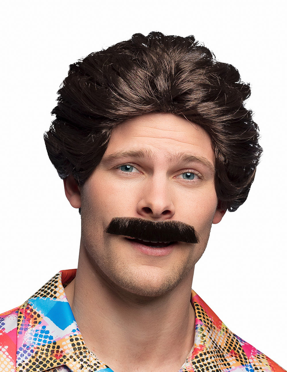 Perruque avec moustache pour homme marron volumineuse