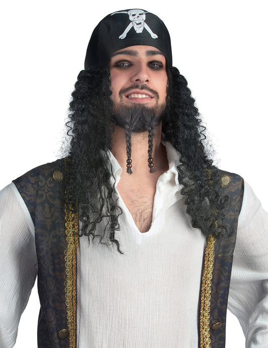 Perruque bandana pirate pour adulte noire aux cheveux bouclés avec barbichette tressée