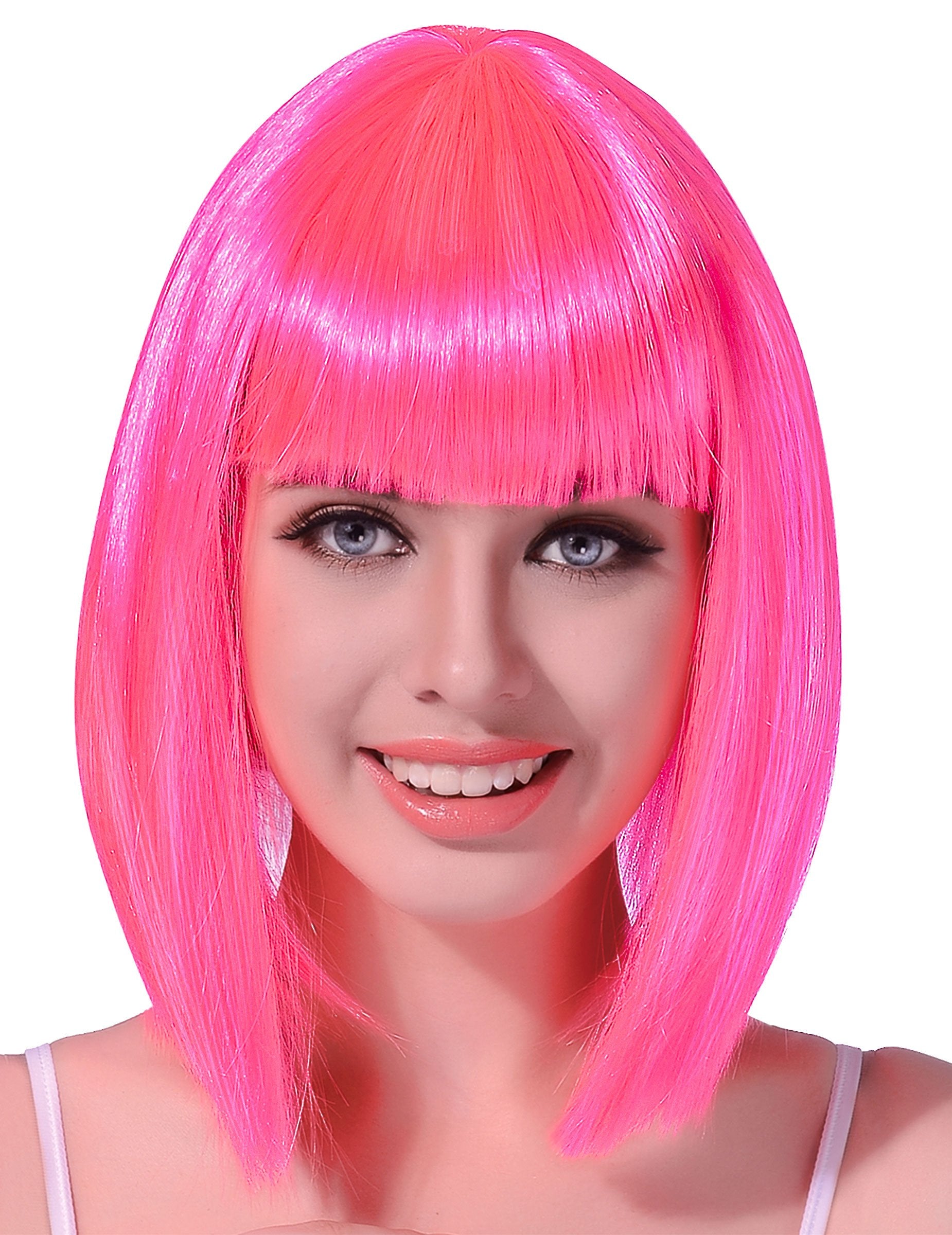 Perruque carré mi-long pour femme rose fluo