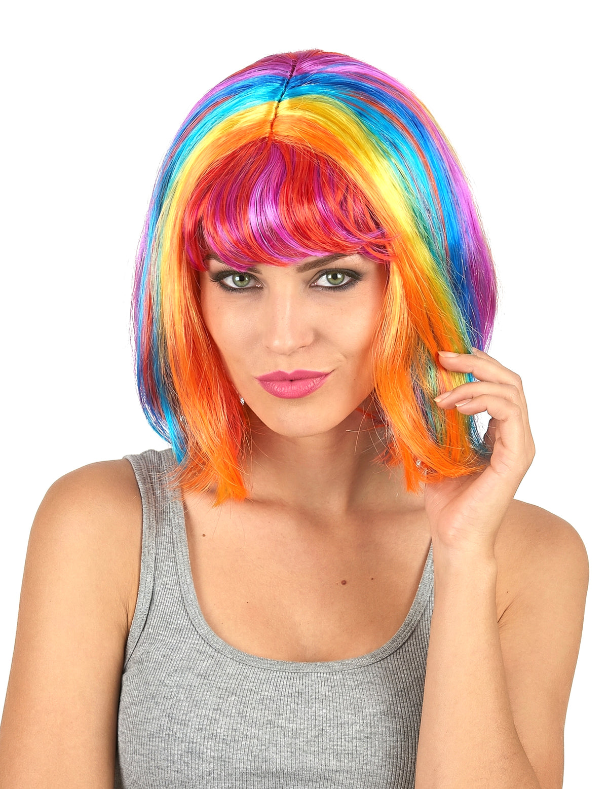 Perruque carré multicolore avec frange pour femme arc-en-ciel