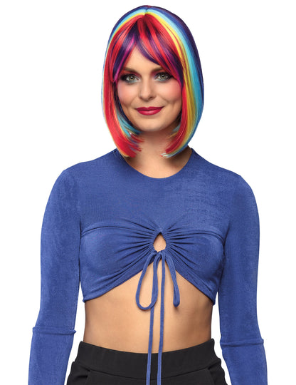 Perruque carrée longue avec mèches multicolores pour femme arc-en-ciel
