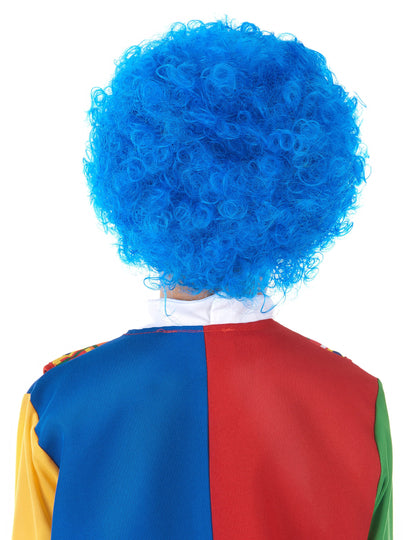 Vue de dos de la perruque de clown pour enfant bleue