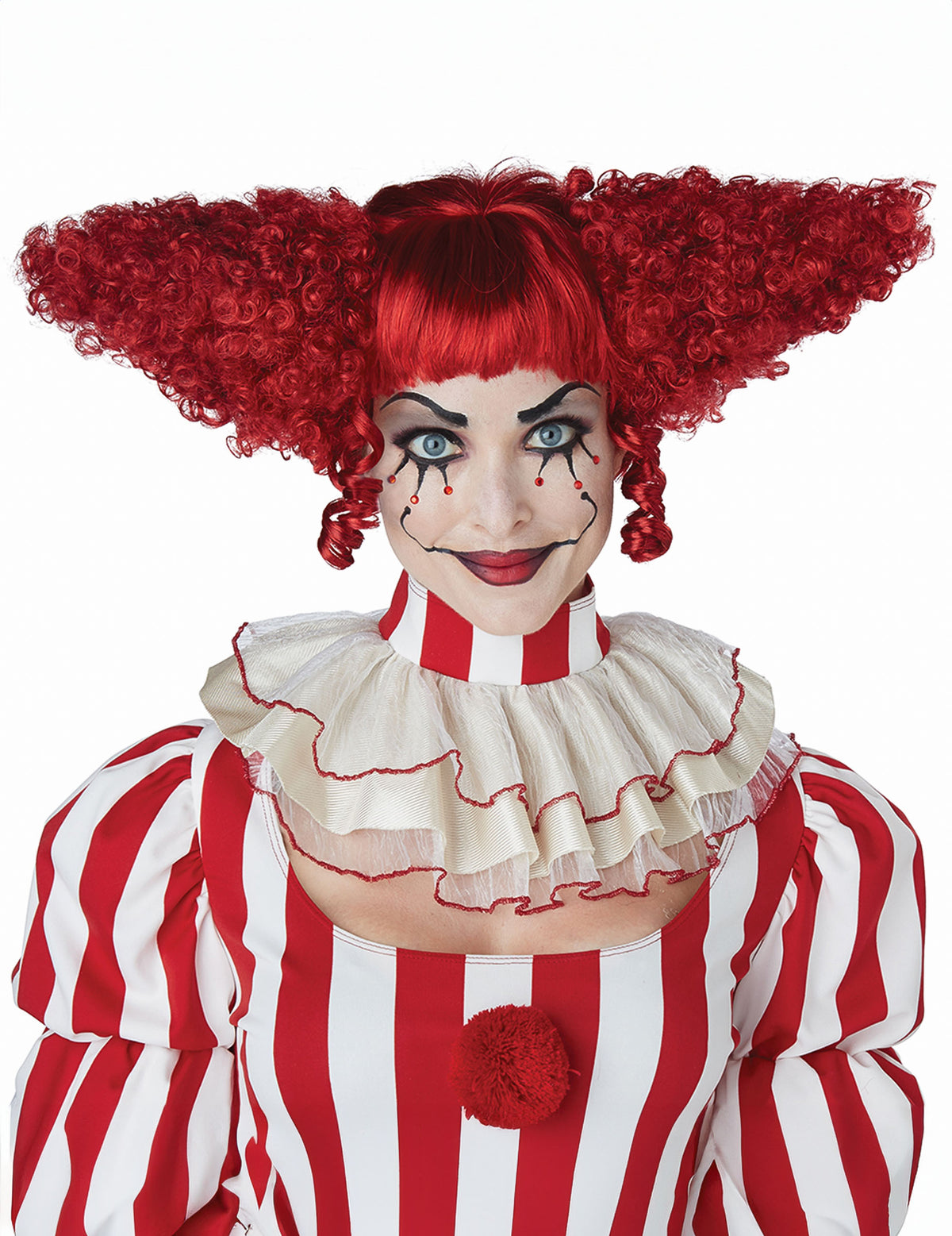 Perruque clown psycho pour femme rouge volumineuse à couettes frisées