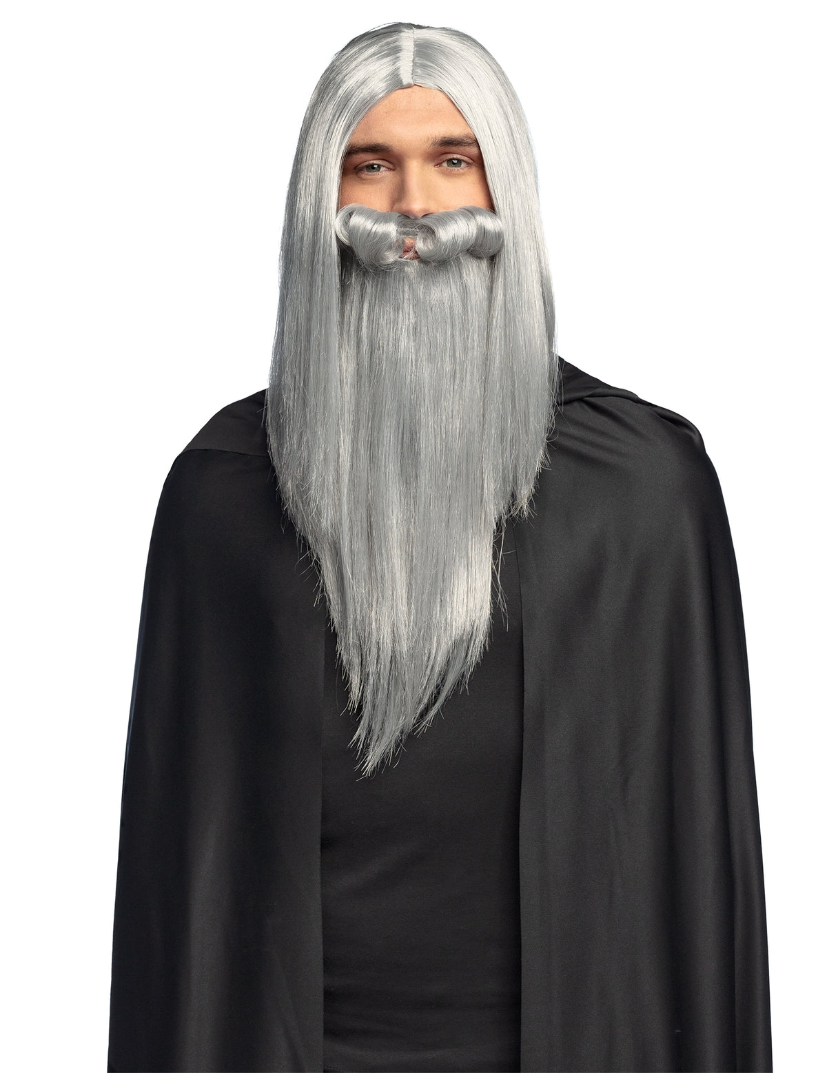Perruque et barbe de sorcier magicien pour adulte gris
