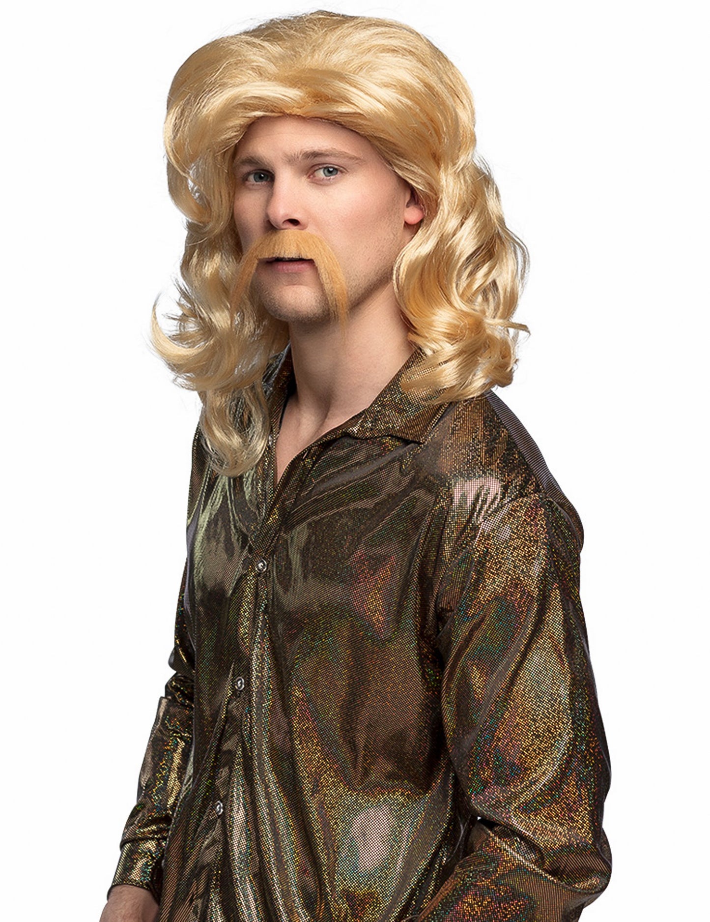 Bohémiai és dús szőke paróka és bajusz férfiaknak, mullet stílusban