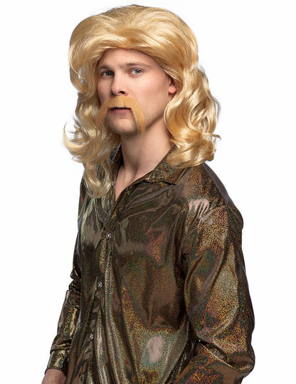 Bohémiai és dús szőke paróka és bajusz férfiaknak, mullet stílusban