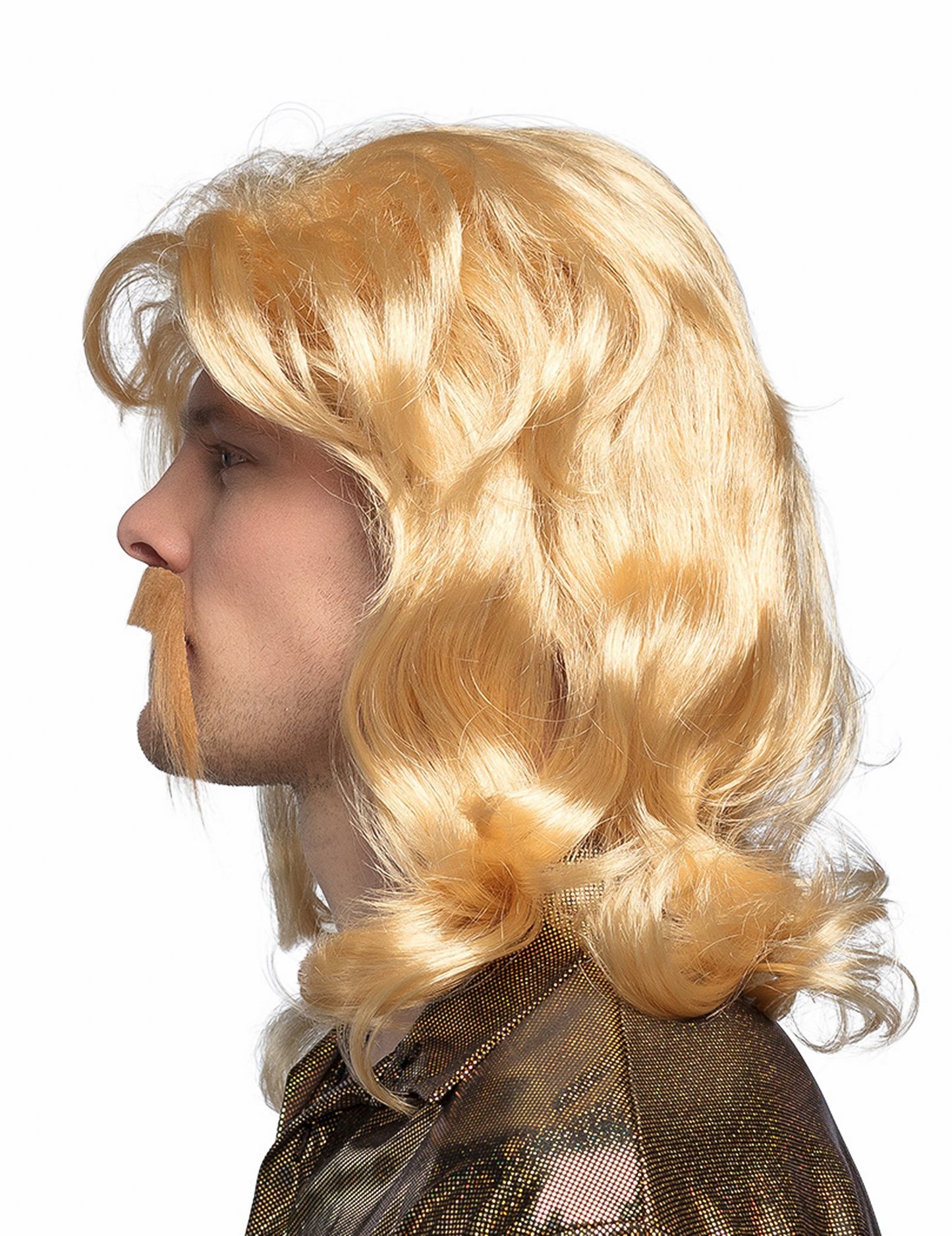 Profil nézet a szőke parókáról és bajuszról férfiak számára