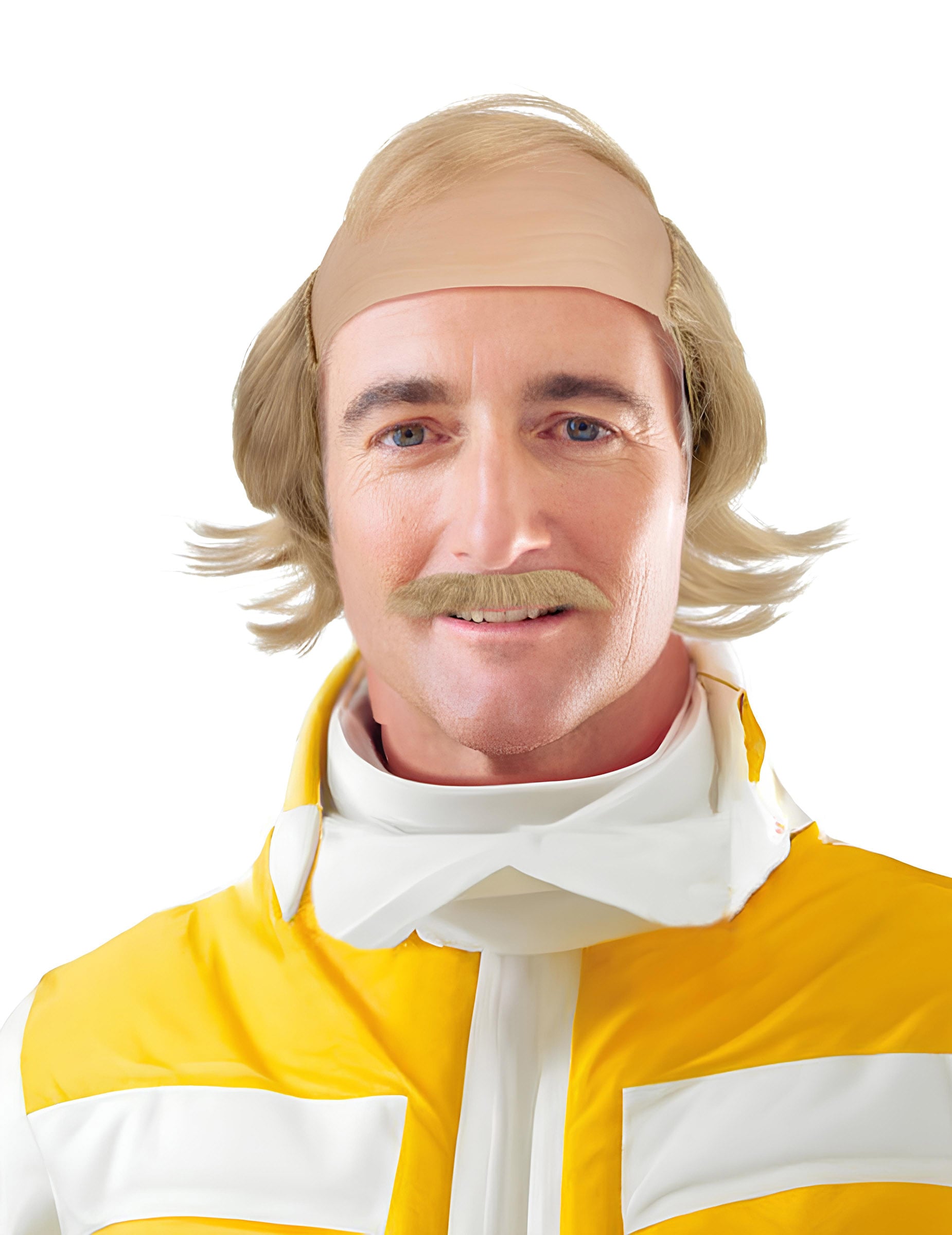 Perruque et moustache Jean Claude pour adulte blonde avec crâne chauve