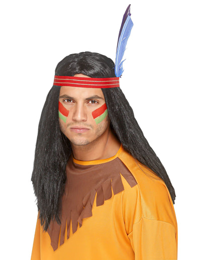 Perruque d'indien pour homme noire avec bandeau rouge et plume bleue