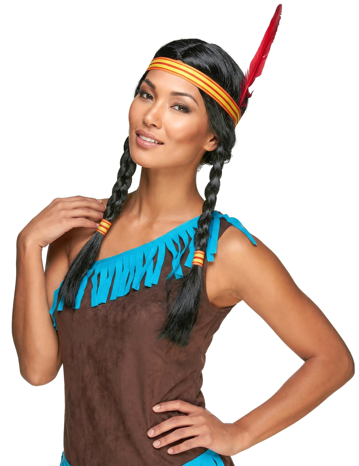 Perruque Indienne avec plume pour femme noire à tresses avec bandeau rayé et plume rouge