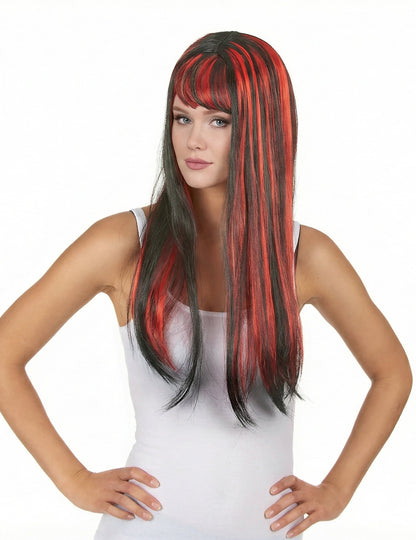 Vue de face de la perruque longue noire avec frange pour femme balayage rouge
