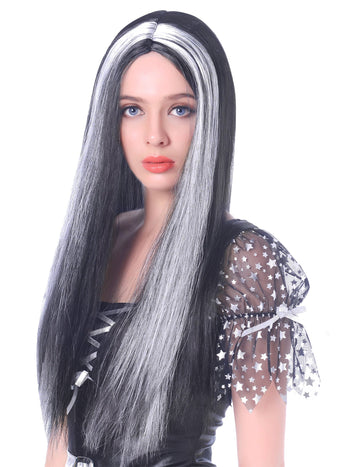 Perruque longue noire et blanche pour femme avec mèches blanches lisses