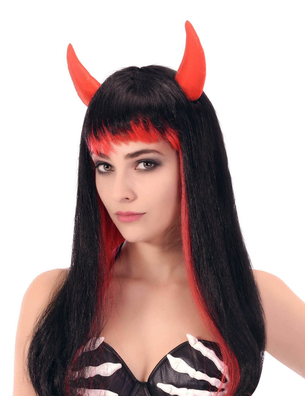 Perruque longue de diable pour femme noire et rouge avec cornes