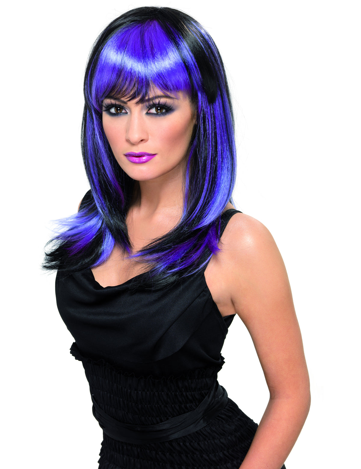Perruque longue pour femme noire et violette avec frange