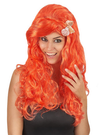 Perruque longue orange pour femme avec barrette coquillage