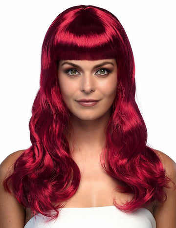Hosszú vörösesbarna hullámos paróka női frufruval