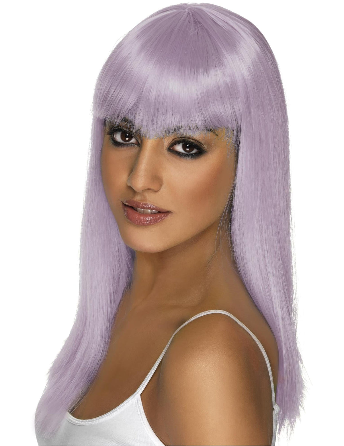 Vue de profil de la perruque longue à frange pour femme violette
