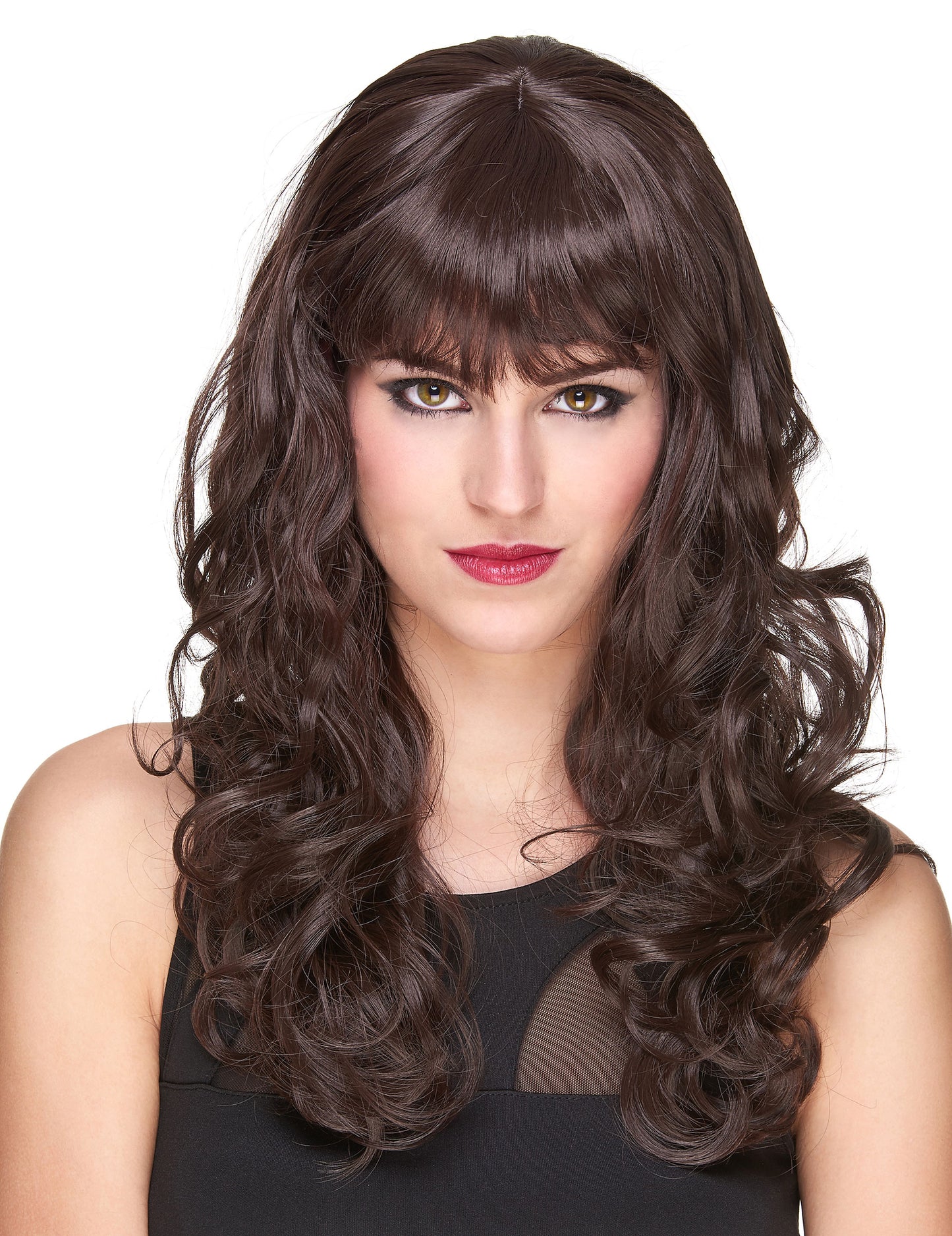 Perruque luxe ondulée avec frange pour femme châtain