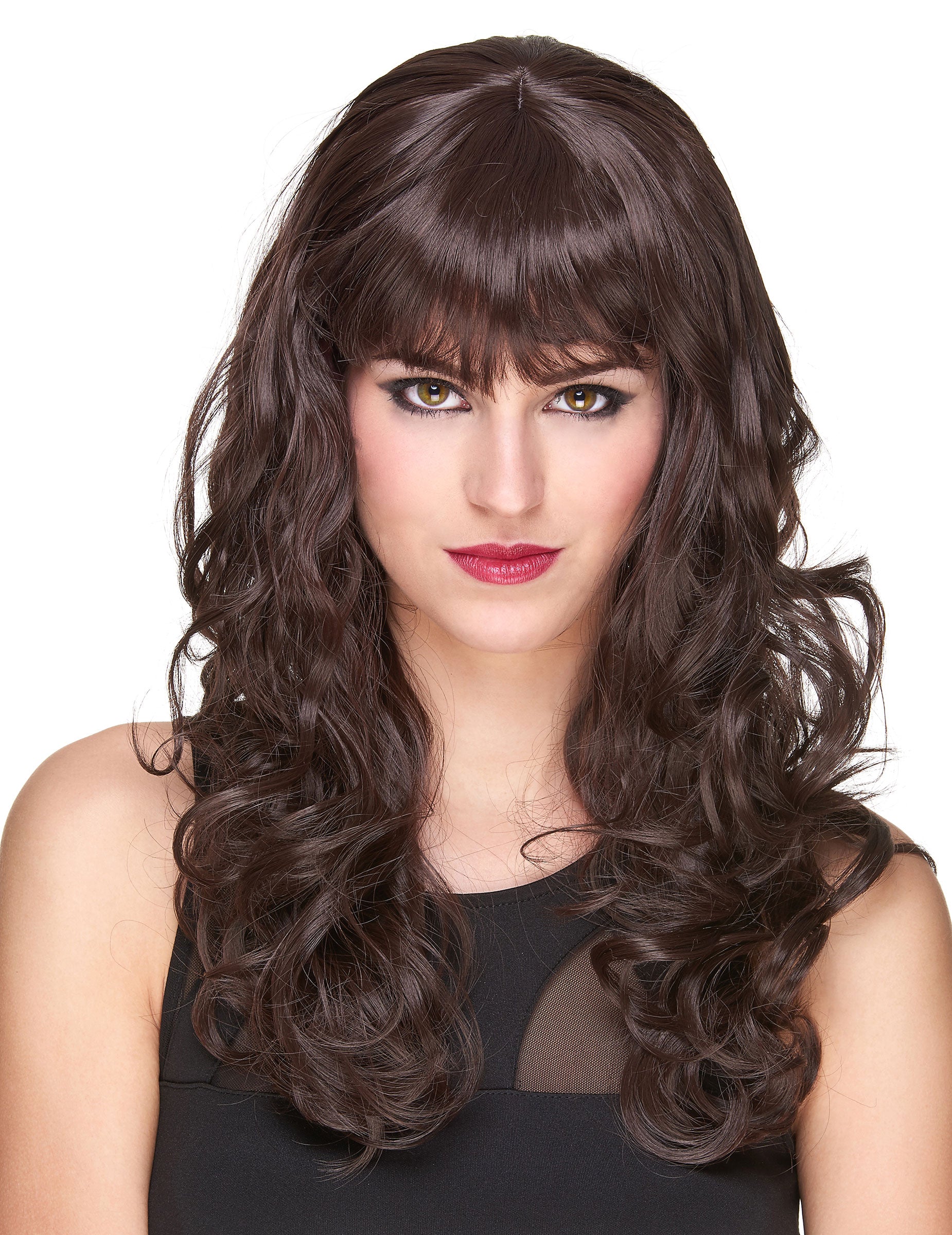 Perruque luxe ondulée avec frange pour femme châtain