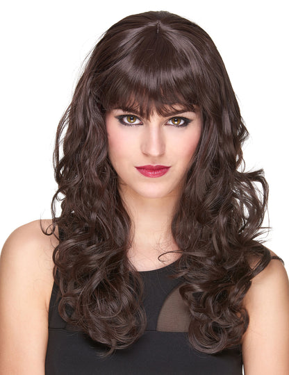 Perruque luxe ondulée avec frange pour femme châtain