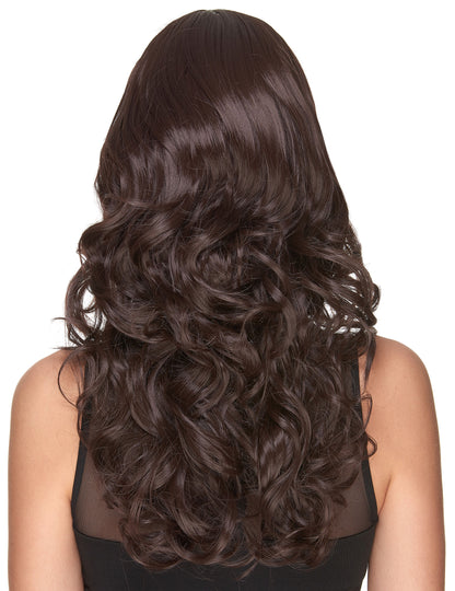 Vue de dos de la perruque luxe ondulée avec frange pour femme