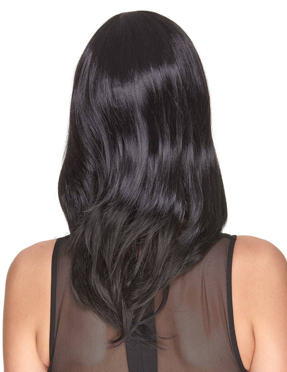 Vue de dos de la perruque luxe noire mi-longue pour femme