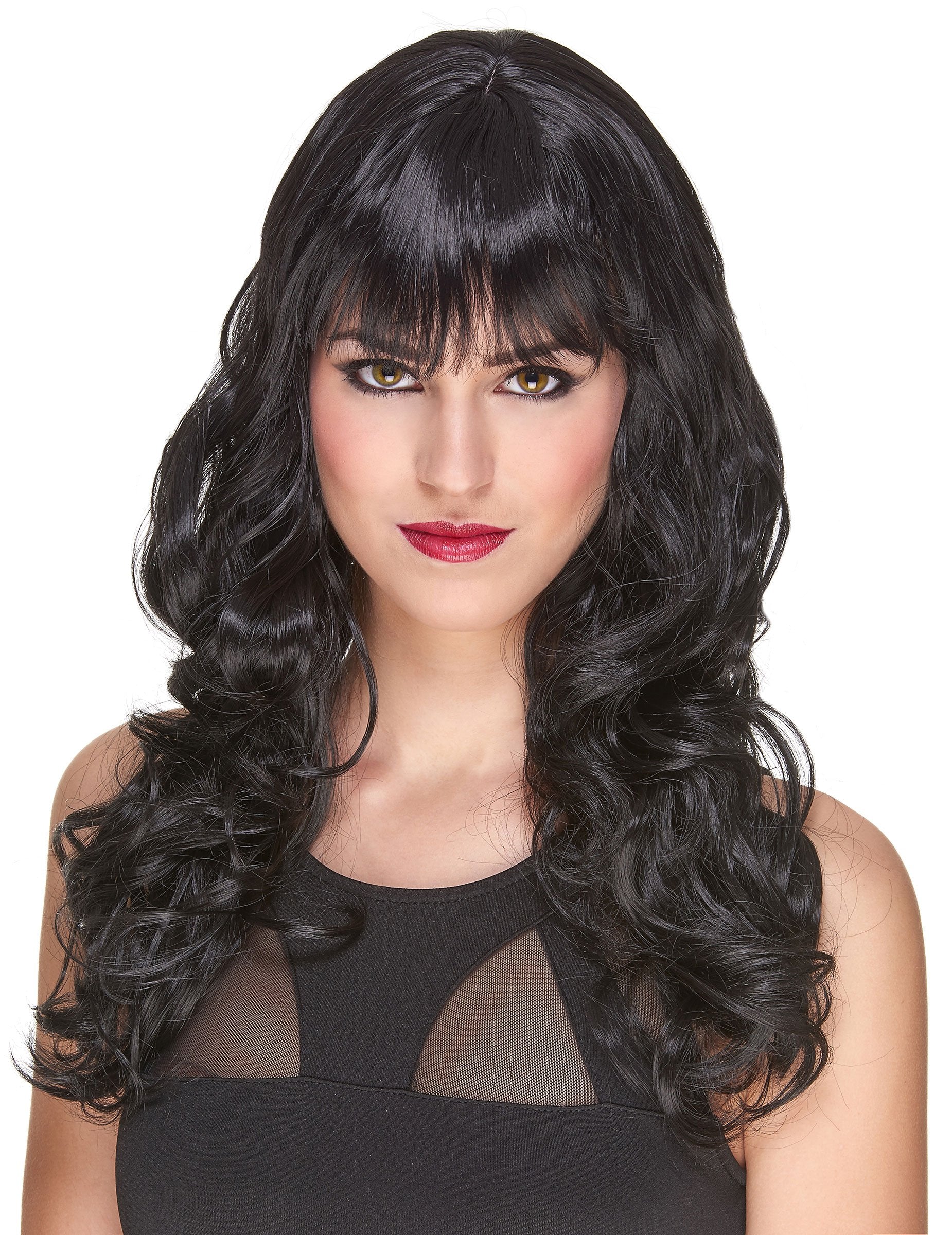 Perruque luxe pour femme noire ondulée avec frange