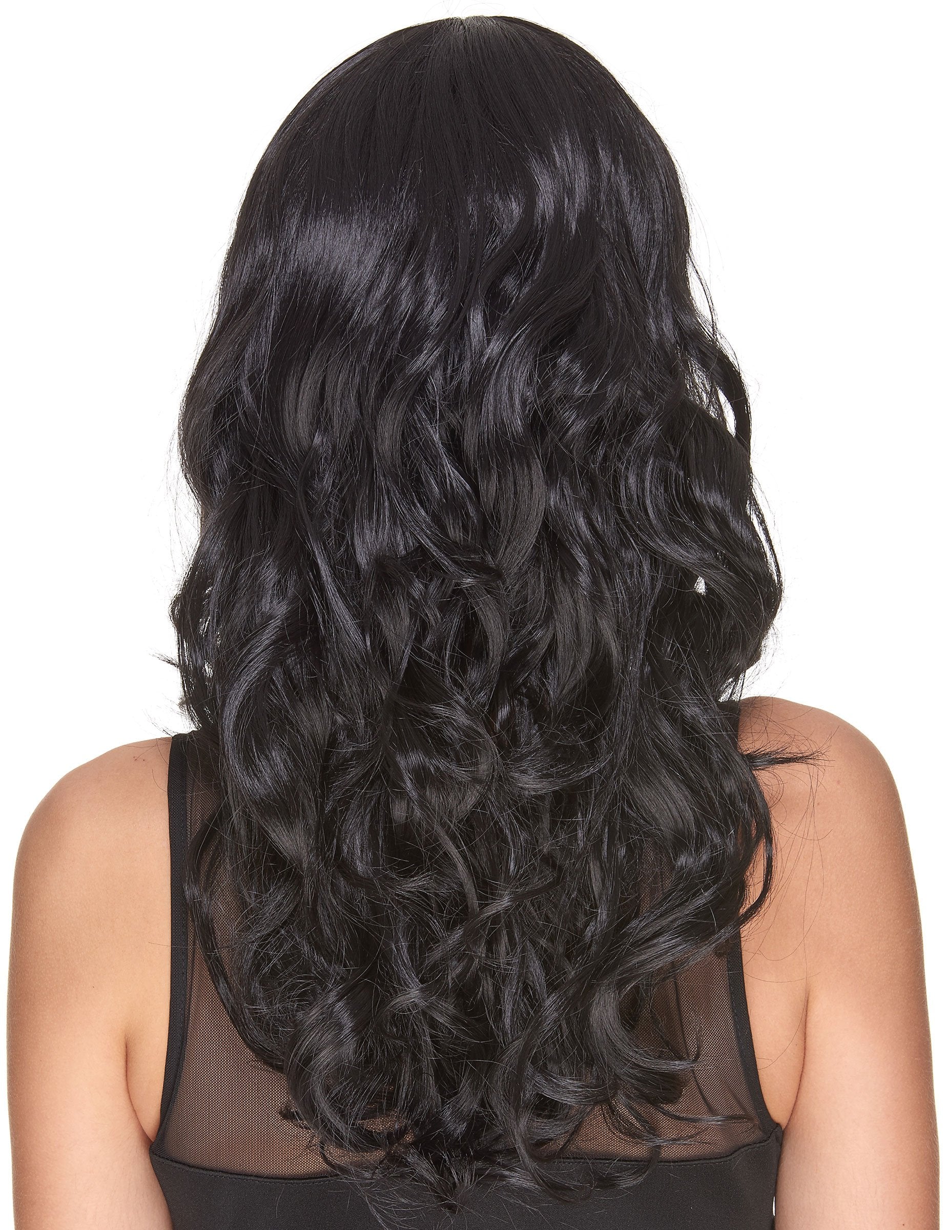 Vue de dos de la perruque luxe pour femme noire ondulée avec frange