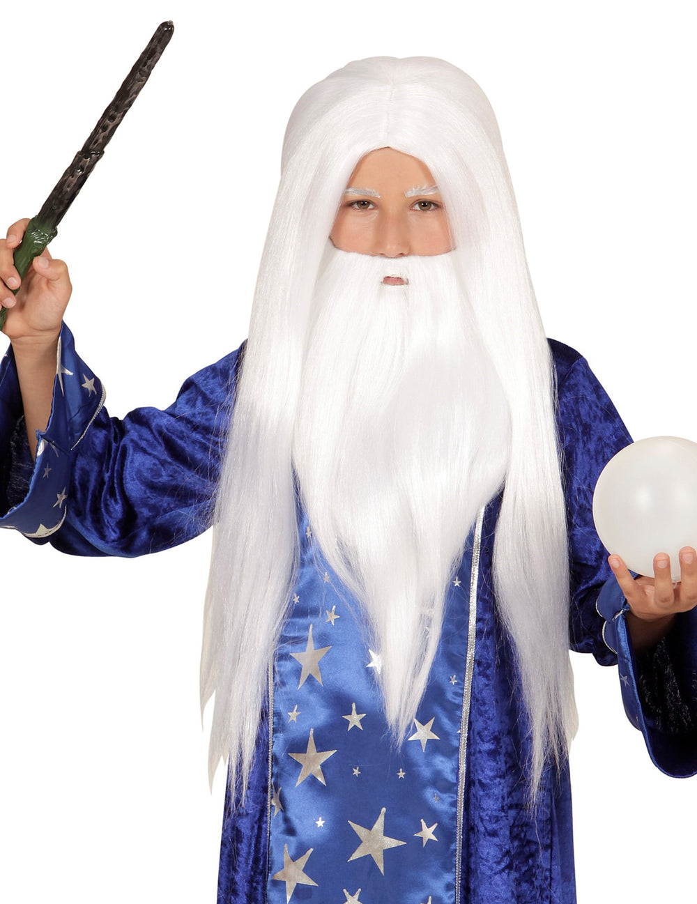 Perruque avec barbe de magicien pour enfant blanche