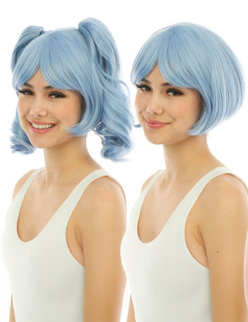 Manga paróka luxus pasztell kék leszerelhető pigtailokkal