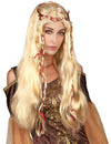 Perruque médiévale pour femme blonde avec tresses et rubans rouges