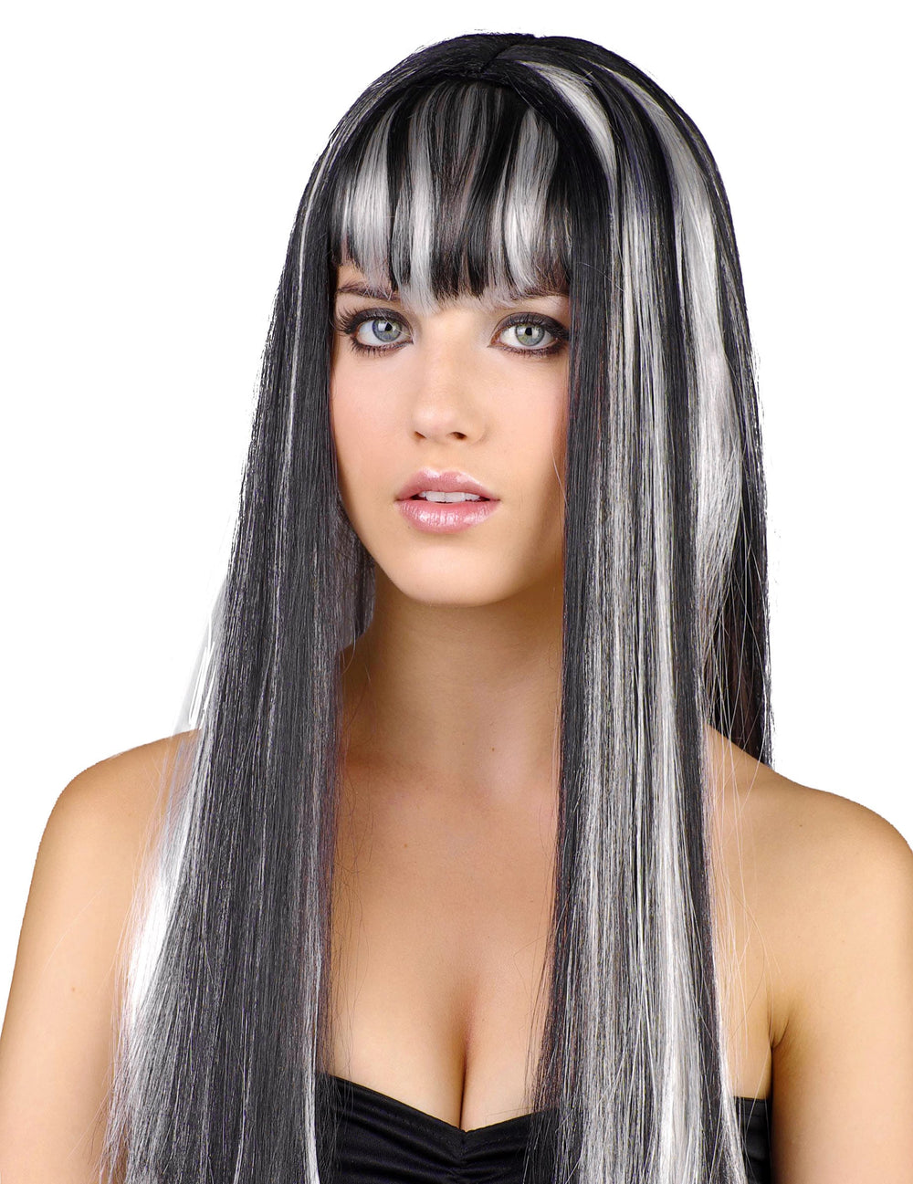 Perruque longue noire et blanche pour femme lisse avec frange
