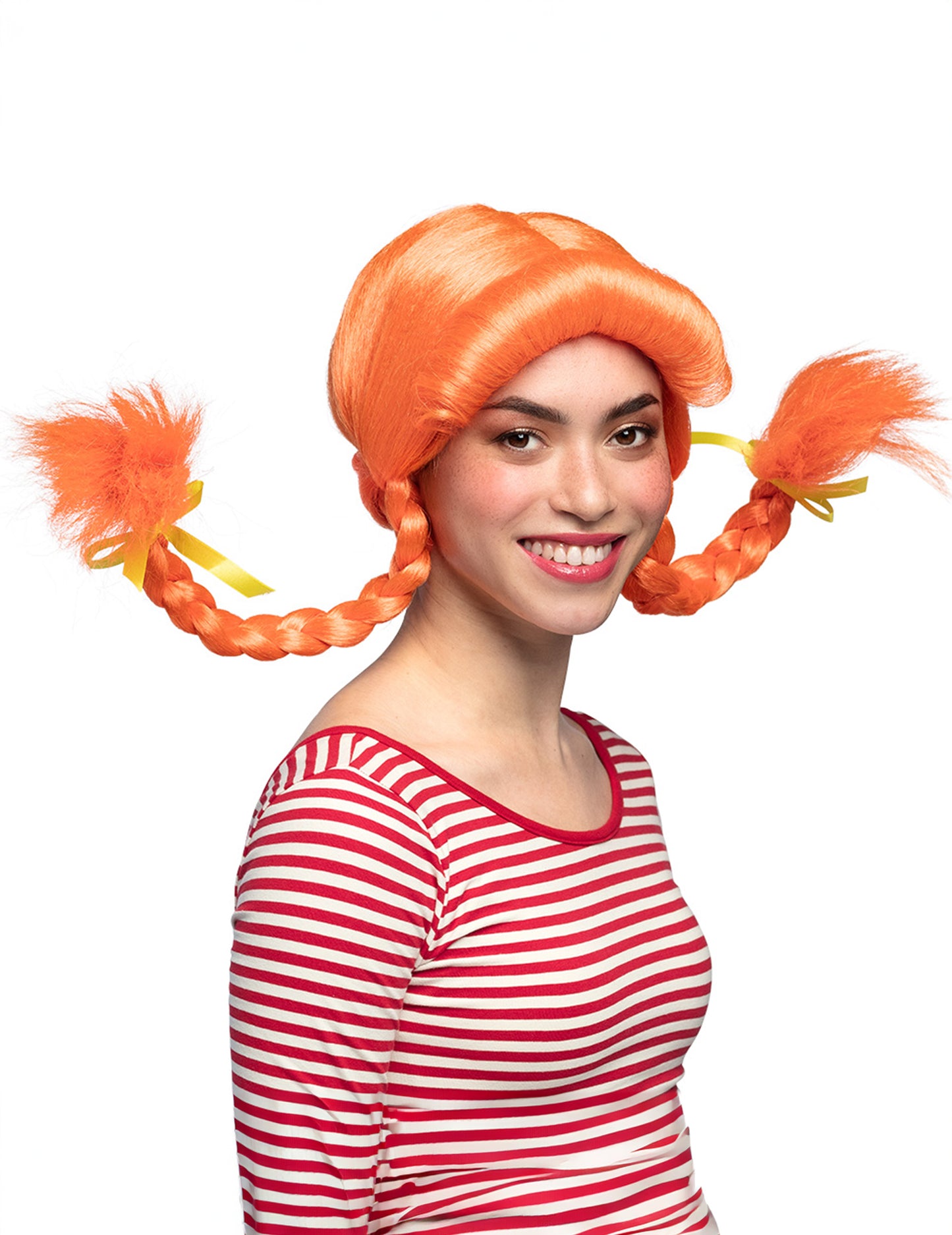 Női narancssárga paróka merev fonatokkal és sárga masnikkal