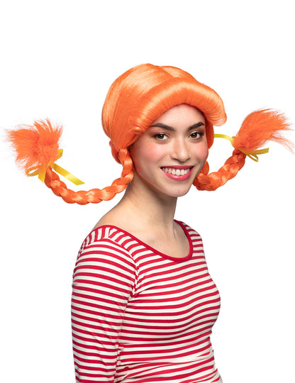 Női narancssárga paróka merev fonatokkal és sárga masnikkal