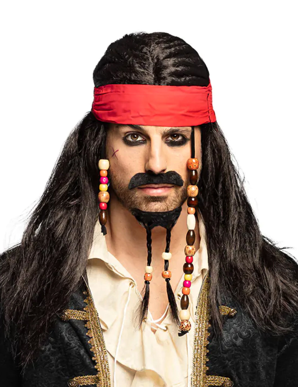 Perruque pirate avec bandana pour homme rouge et noir avec perles