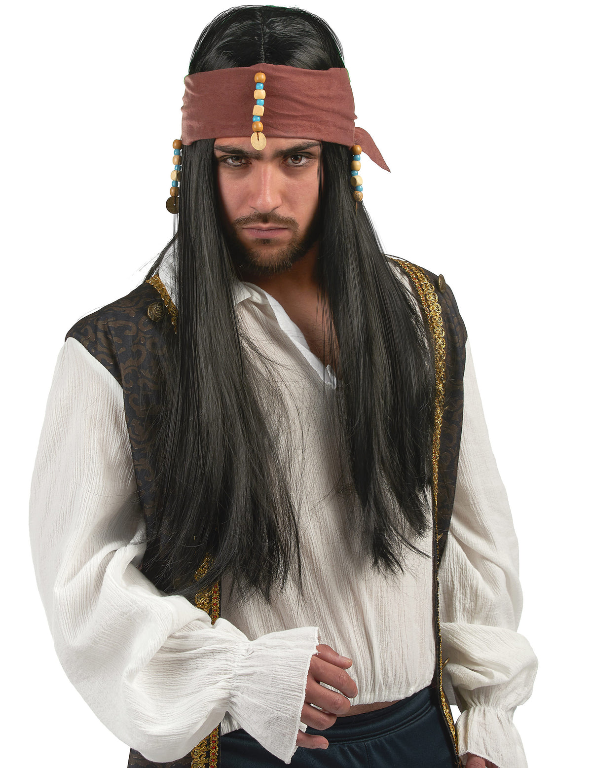 Perruque pirate pour adulte noire avec bandana marron et perles