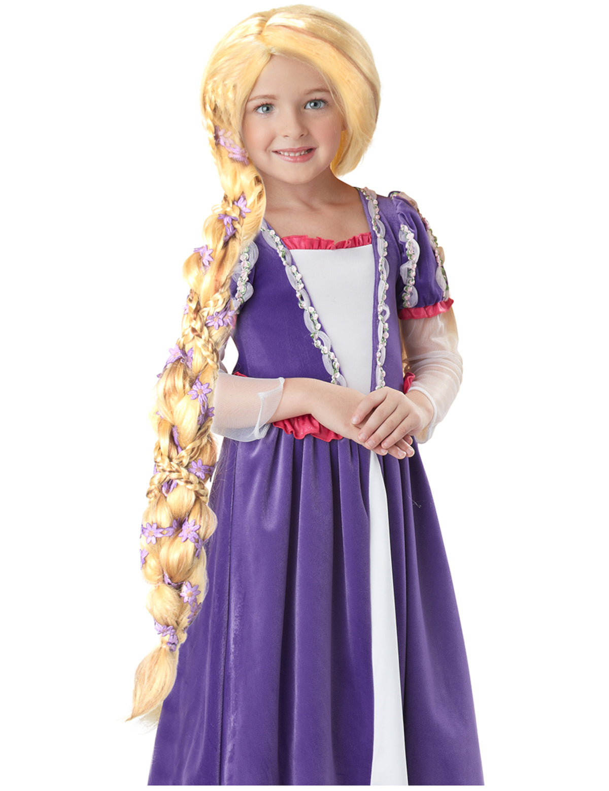 Perruque princesse longue tresse luxe pour fille blonde avec fleurs violettes