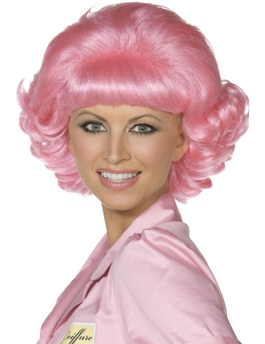 Perruque Grease™ pour femme rose bouclée et volumineuse