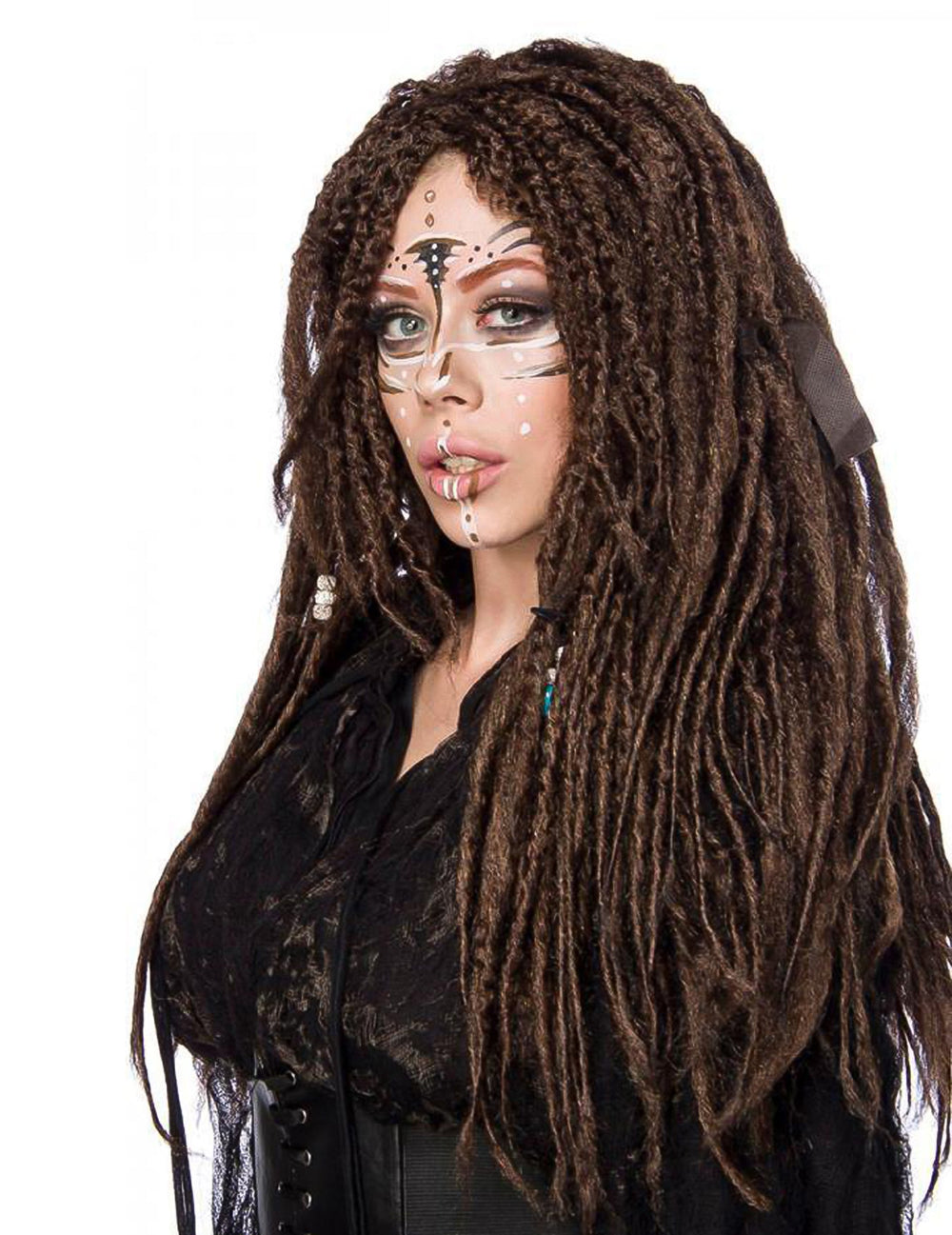 Perruque sorcière vaudou pour femme marron avec dreadlocks