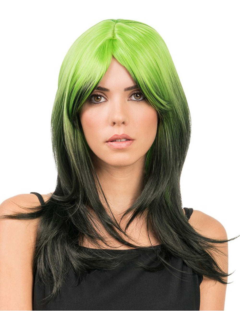 Vue de face de la perruque tie and dye vert et noir