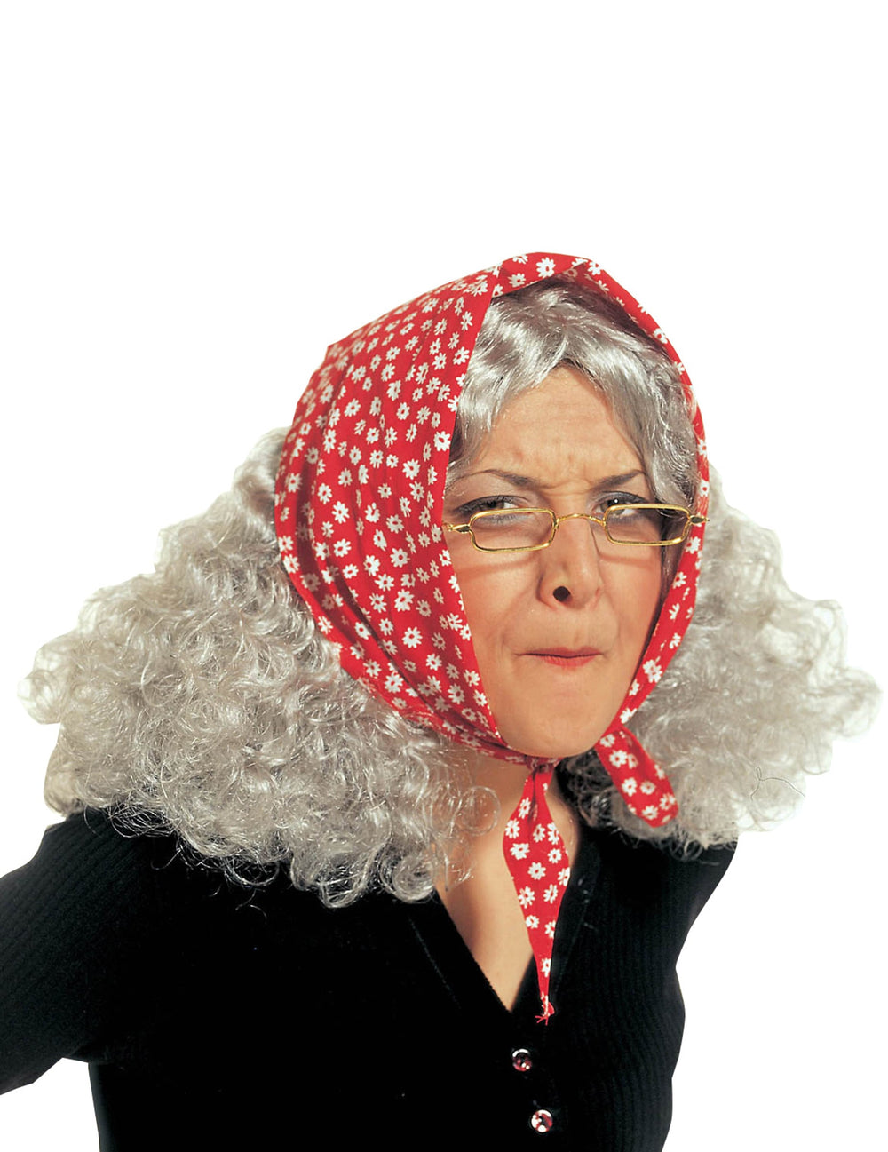 Perruque de vieille femme pour femme grise avec foulard rouge à fleurs blanches