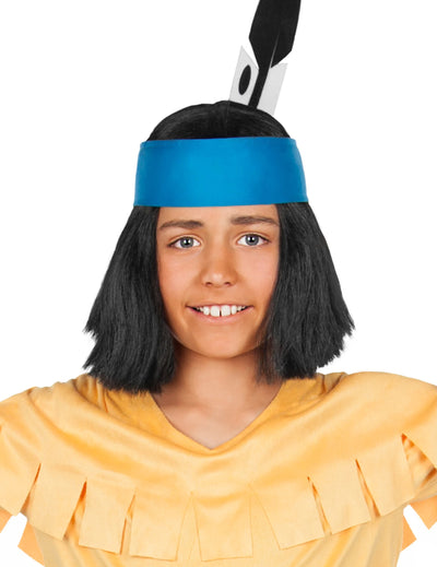 Perruque Yakari™ pour enfant noire avec bandeau bleu et plume